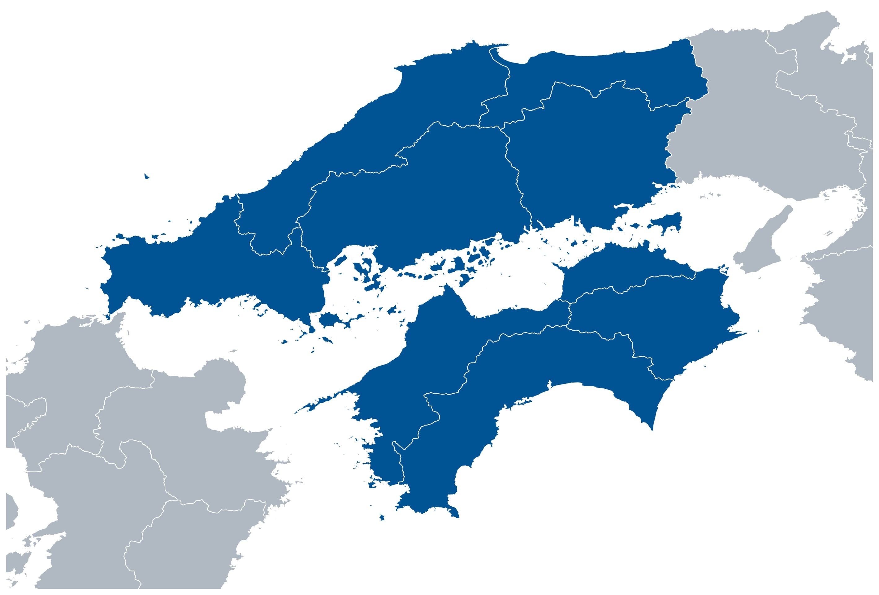 中国地方(広島、岡山、山口、島根、鳥取)と四国地方(香川、徳島、愛媛、高知)をハイライトした地図