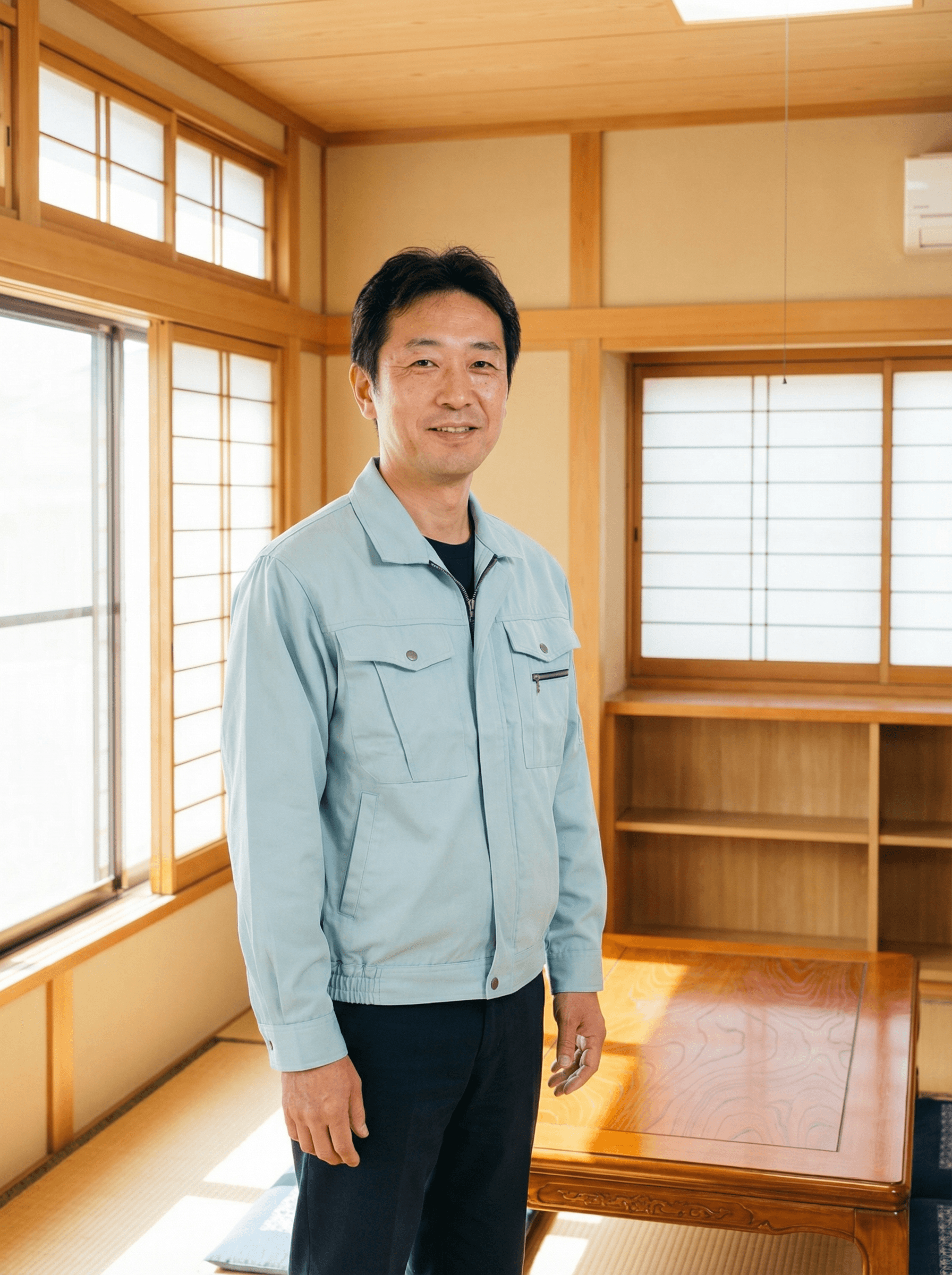 清潔感のある作業着を着た代表の佐々木様が、片付いた明るい部屋で微笑んでいる写真