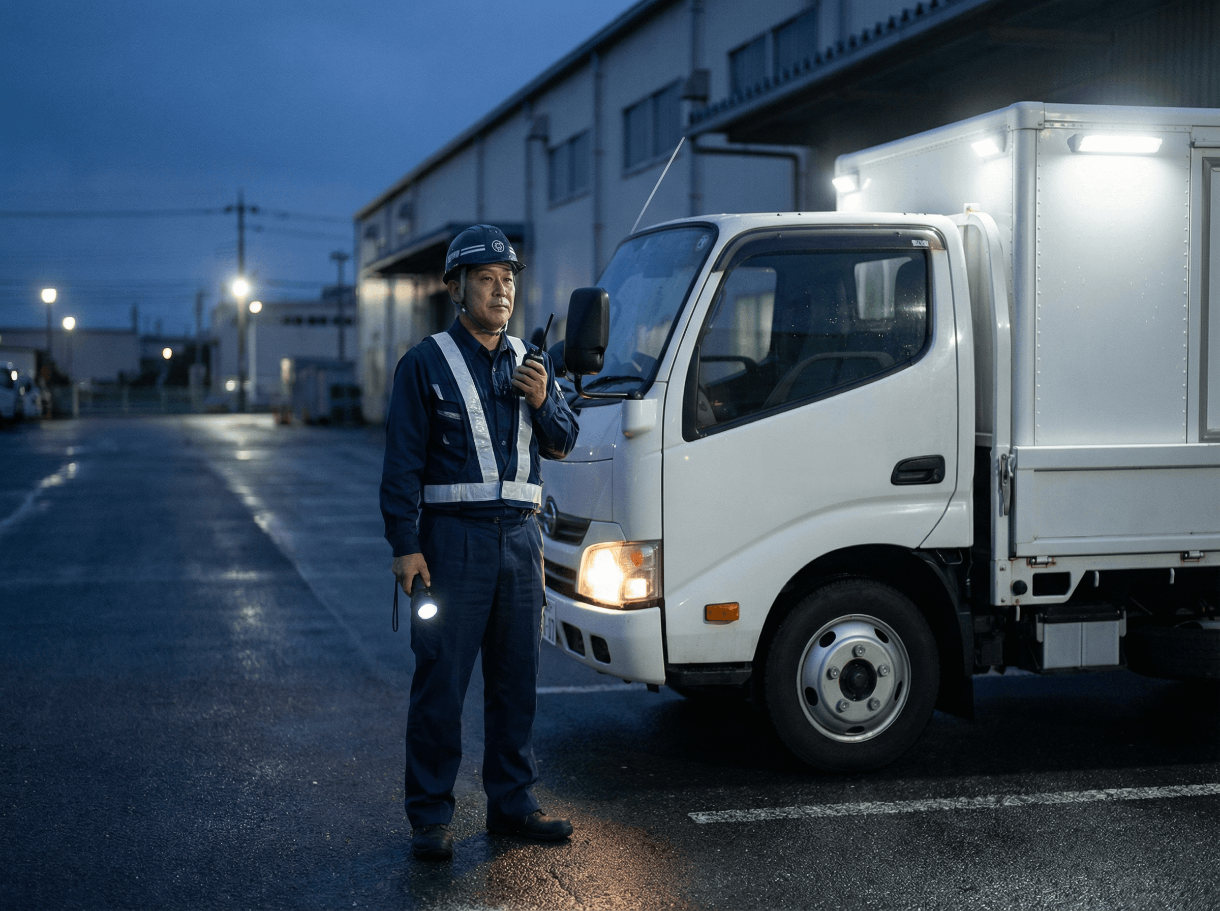 夜間や早朝でも迅速に現場へ向かうスタッフと車両の写真。