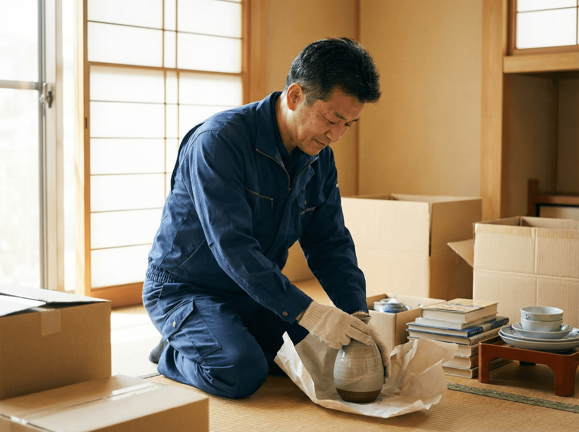 佐々木代表が作業現場で真剣に、かつ丁寧に品物を扱っている写真